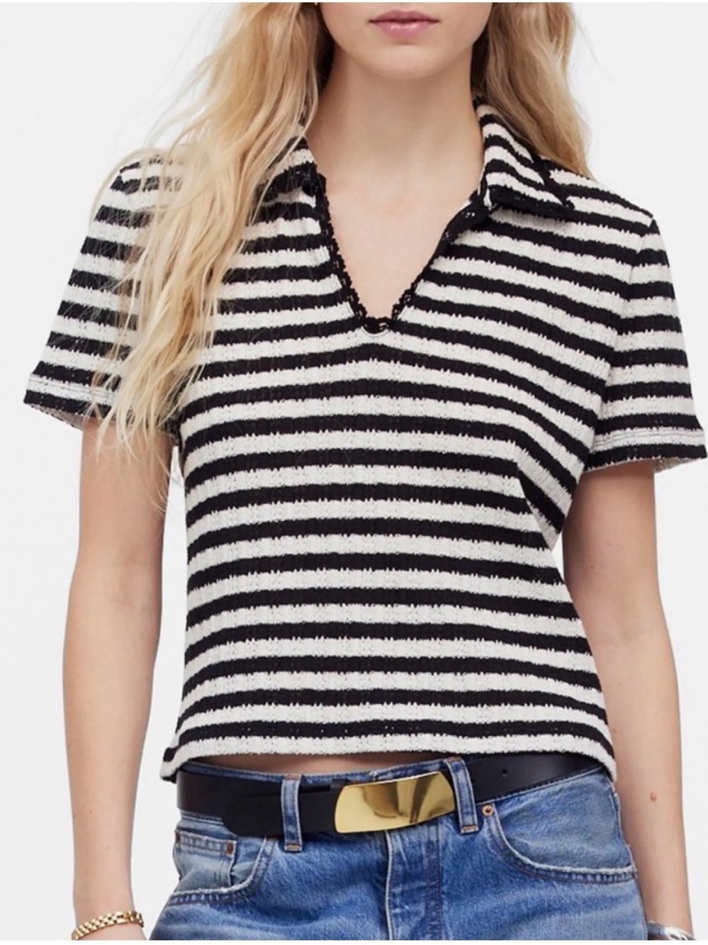 MADEWELL Striped V-Neck Polo Tee
